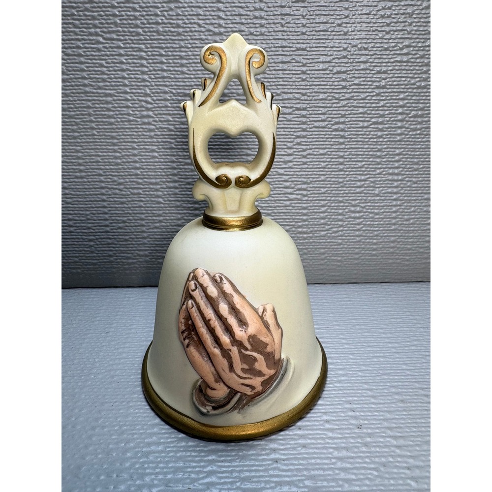Vintage Homco Praying Hands Porcelain Bell Gold Trim‎ Bisque Taiwan 1452